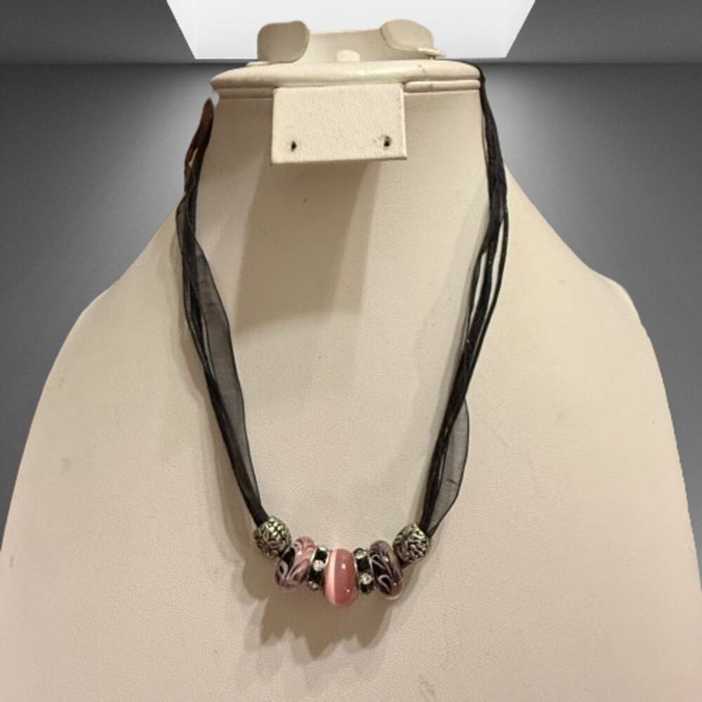 Pink & Black Glass & Metal Beaded Charm Ribbon Necklace - Picture 3 of 5